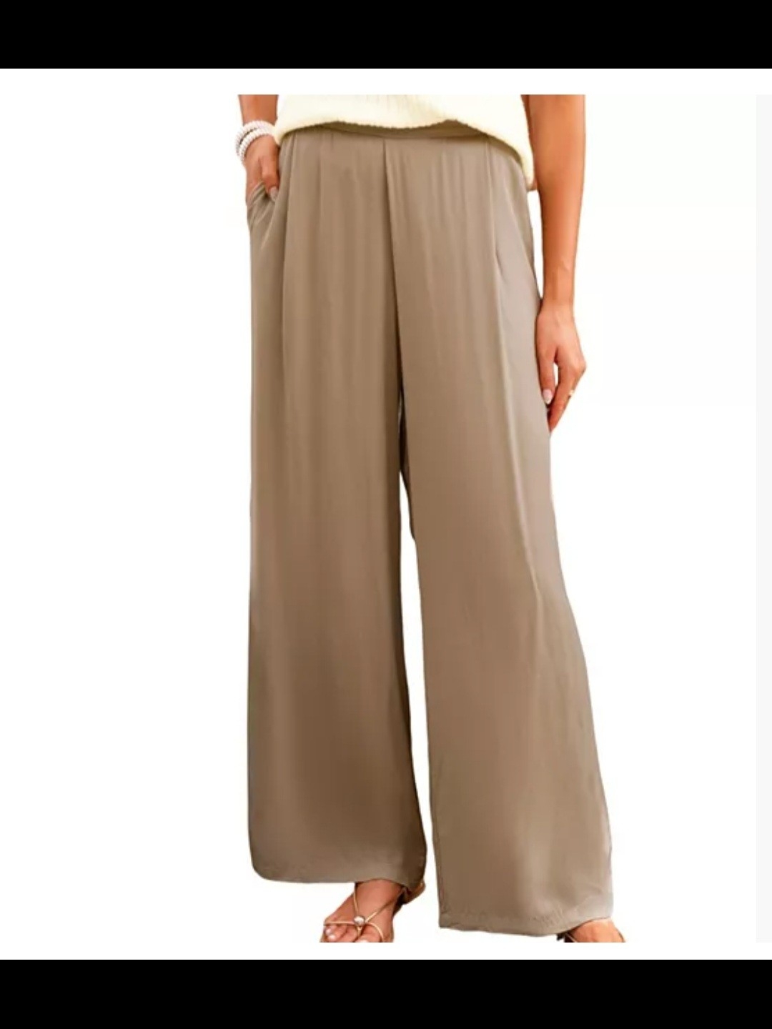 Nwt Women Sz M Cupshe Tan High Rise Wide-Leg Pants Elastic Back Waist, Pockets